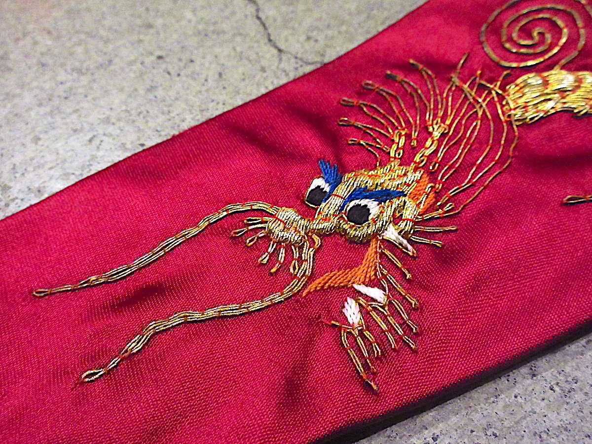 ビンテージ40's50s○スーベニアドラゴン刺繍レーヨンネクタイ臙脂