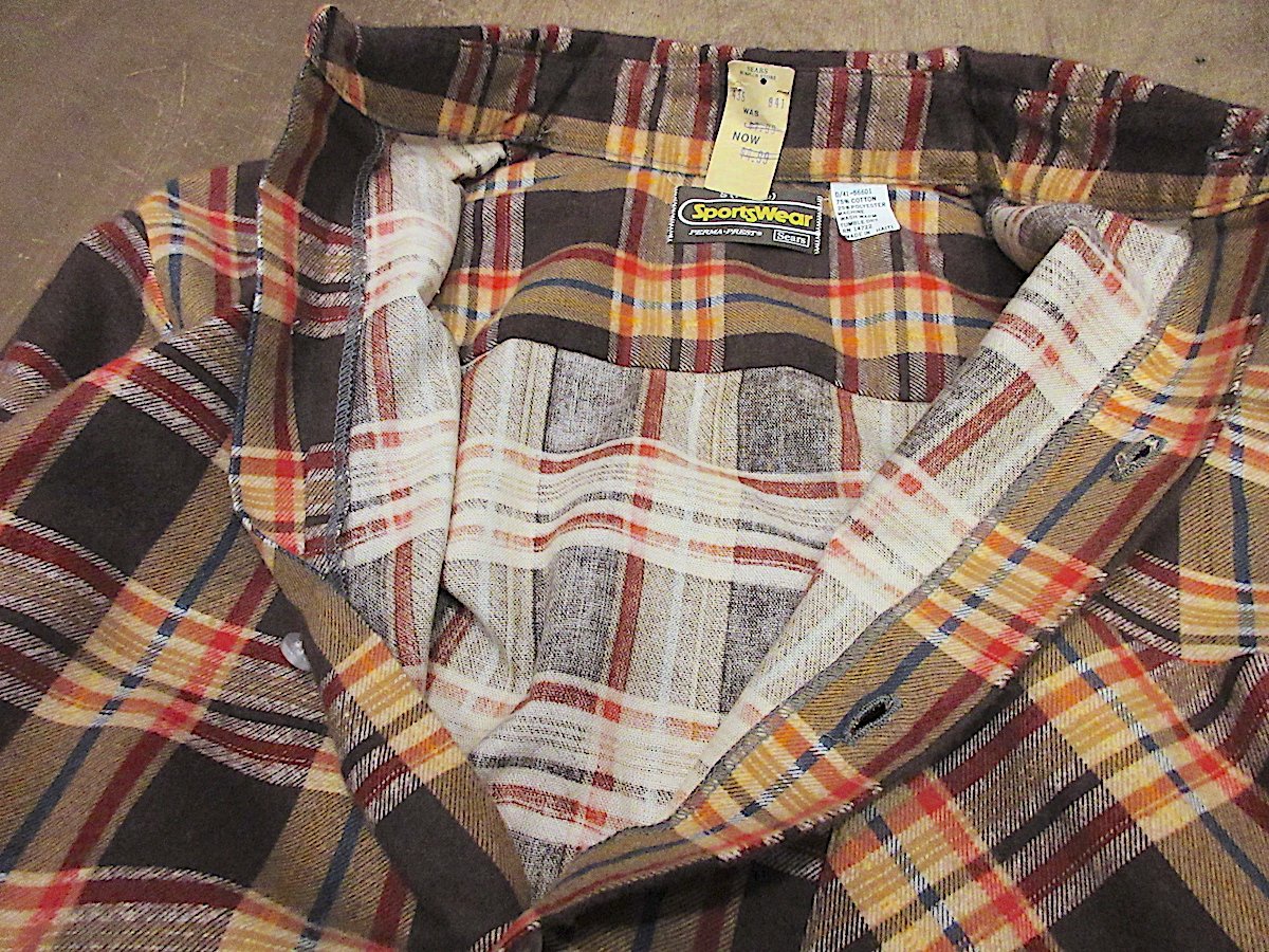ビンテージ70's○DEADSTOCK Searsチェックプリントネルシャツsize S○25