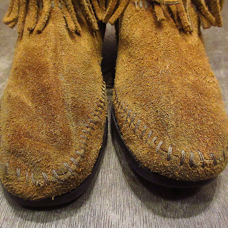 MINNETONKA○レディースフリンジ付きスウェードモカシンブーツ茶