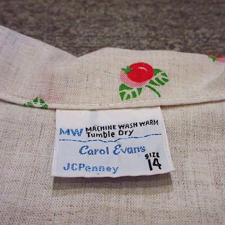 ビンテージ70's●JCPennyレディースネップ織りトマト柄ループカラー長袖シャツ&パンツツーピース●221004c3-w-stup 1970sセットアップ