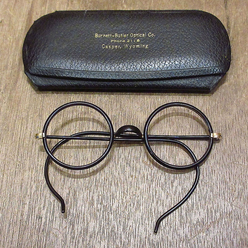 ビンテージ20's30's○ケース付きセル巻きラウンド眼鏡黒○220626i7