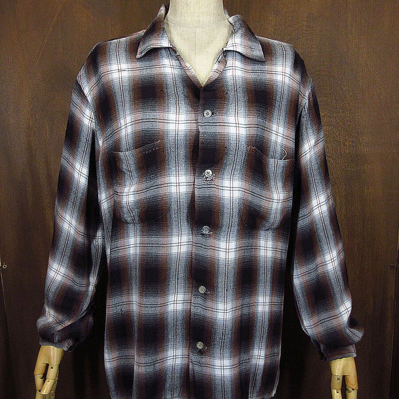 60s manhattan オンブレチェック レーヨンシャツ シャドーチェック ビンテージ60's○Manhattanシャドーチェックレーヨンシャツsize