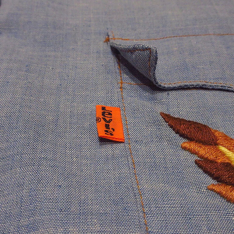 Levi's シャンブレーシャツ　サドルマン　オレンジ　70年代 ビンテージ70's○Levi's刺繍入りシャンブレーシャツsize L