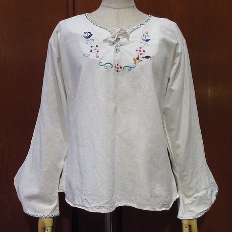 ビンテージ70's●レディース花刺繍プルオーバーコットン長袖ブラウス白size 44●230927i2-w-lsshシャツヒッピーレトロ