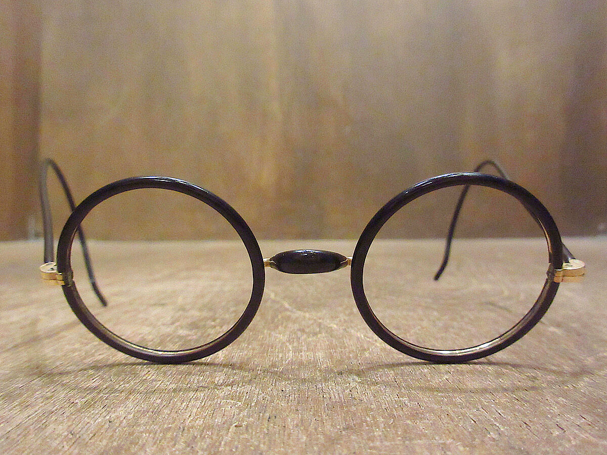 ビンテージ20's30's○ケース付きセル巻きラウンド眼鏡黒○220626i7