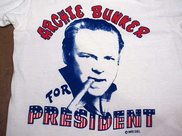 ビンテージ70's●ARCHIE BUNKER FOR PRESIDENT染み込みプリントTシャツ白L●200809n3-m-tsh-ot  1970sアーチーバンカー