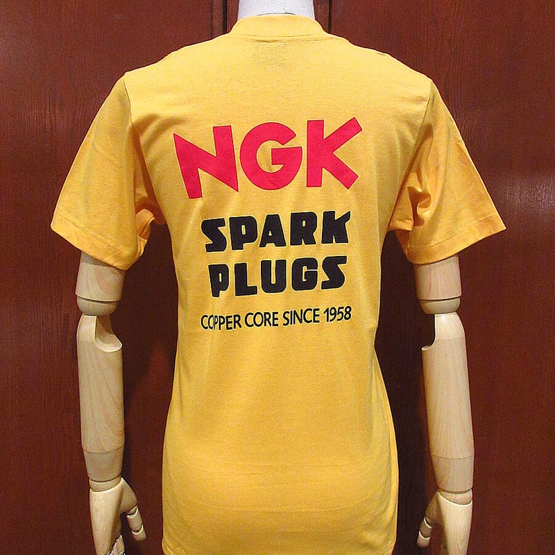ビンテージ70's○DEADSTOCK NGK SPARK PLUGSプリントTシャツ黄S○2...