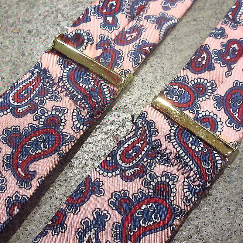 ビンテージ70's○ペイズリー柄シルクボタン留めサスペンダーピンク
