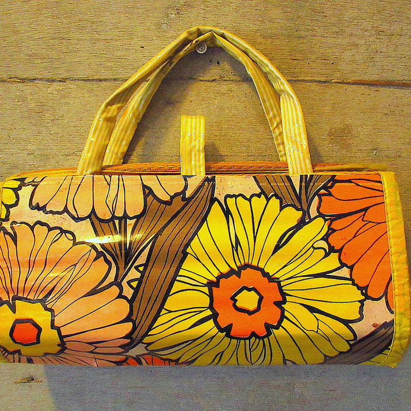 ビンテージ70's○レトロフラワーレジャーシートバッグ○240820k3