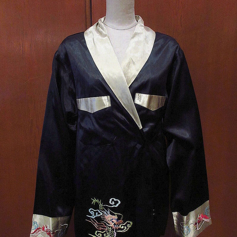 消費税無し ビンテージ40's50's○オリエンタル刺繍サテンスモーキングジャケット黒○210922i3- ジャケット・アウター