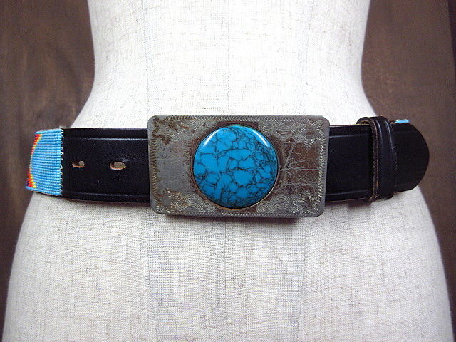 ビンテージ○ターコイズバックルネイティブ柄レザーベルト38○200727n4