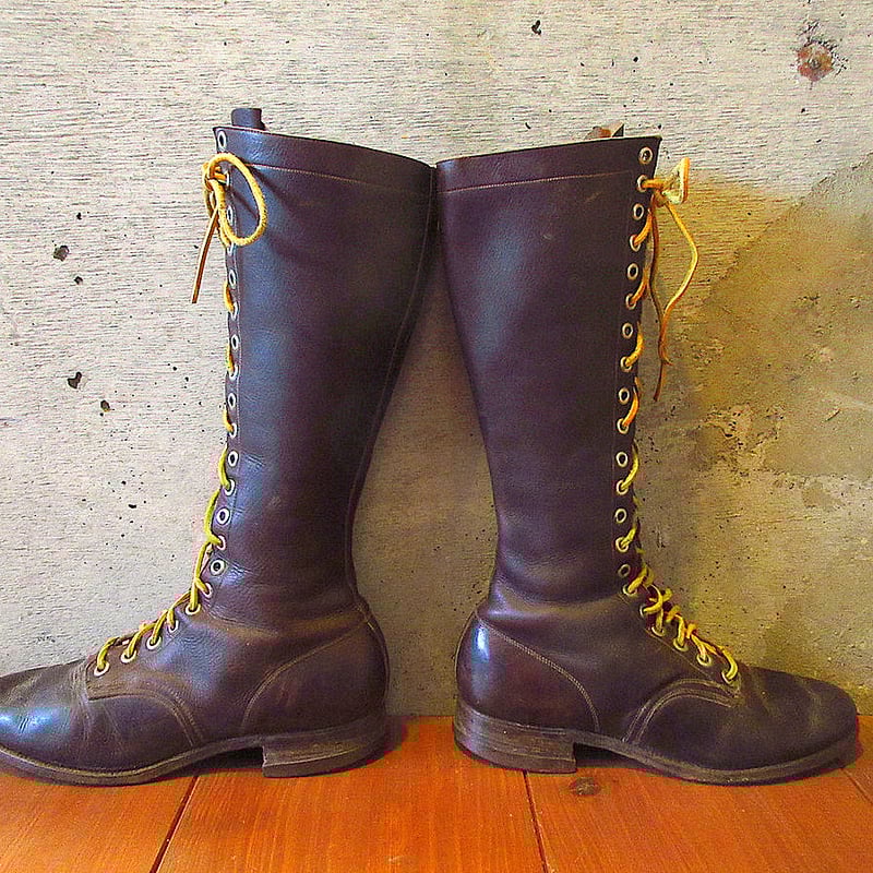 ビンテージ40's○プレーントゥレースアップロングブーツ茶size 7C