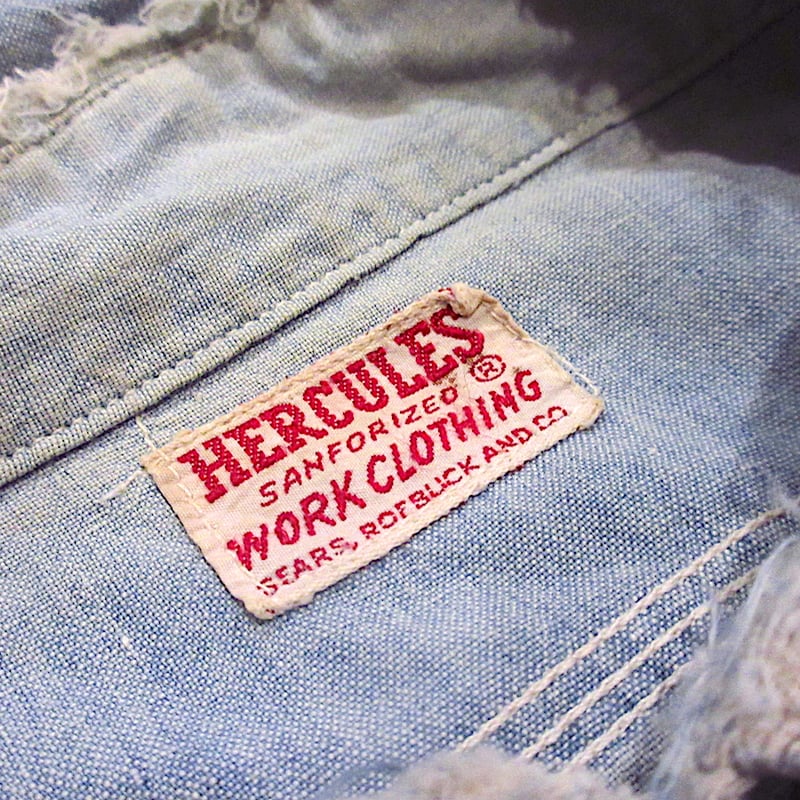 ビンテージ40's○HERCULESマチ付き長袖シャンブレーシャツ青○250517m1
