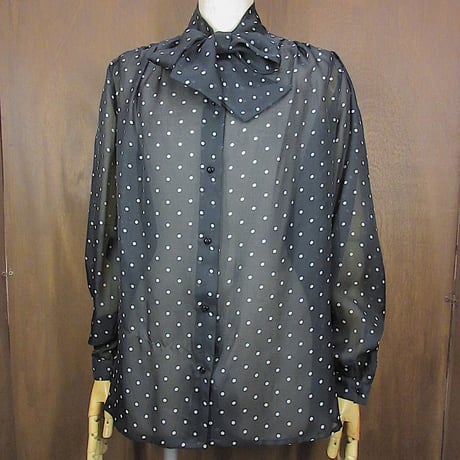 ビンテージ70's●レディースドット柄シースルー長袖シャツ黒×白size 12●250331z2-w-lssh水玉古着レトロトップス