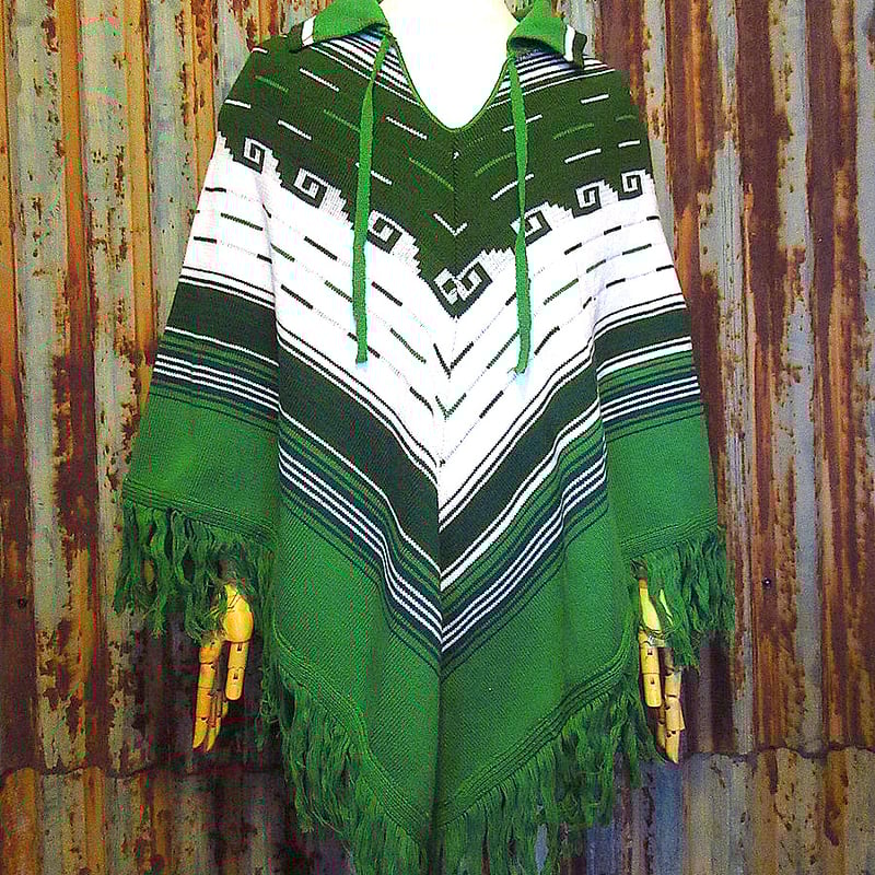 中古（やや傷や汚れあり） ビンテージ70's○ネイティブ柄ポンチョ緑