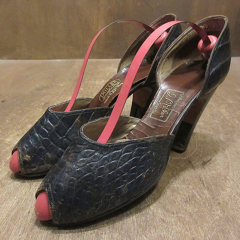 【未使用】Sioux パンプス 靴 ベルト 濃いめワイン ドイツ ビンテージ~40's○I.MILLER型押しレザーオープントゥパンプス紺