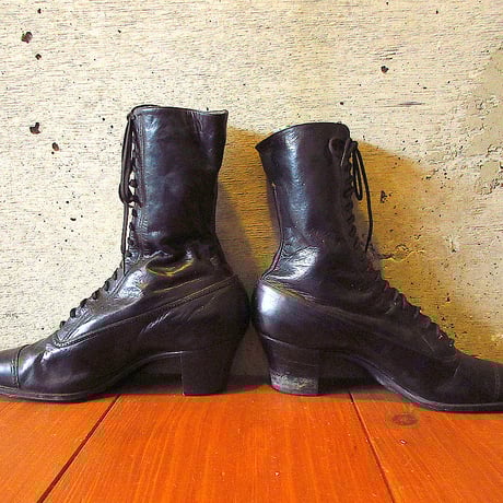 ビンテージ-20’s●DEADSTOCKレディースレースアップブーツ左右違い黒size ●240621k7-w-bt-25cm -1920sデッドストックカンガルーレザー