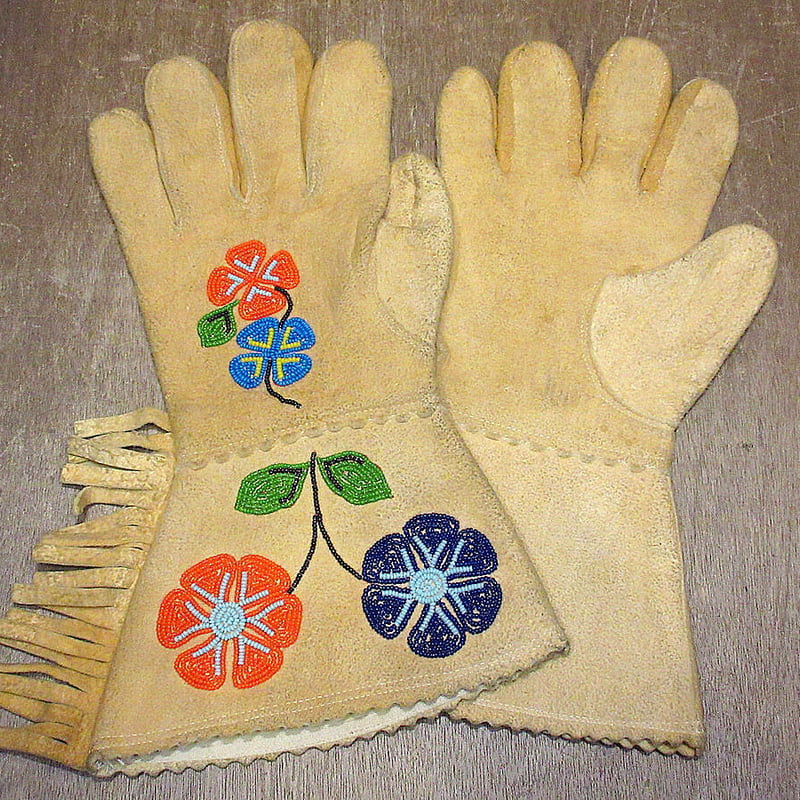 ビンテージ~30's○ネイティブアメリカン花ビーズ刺繍コットン