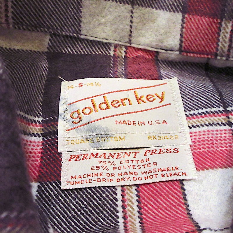 ビンテージ70's○DEADSTOCK golden keyチェックプリントネルシャツsize