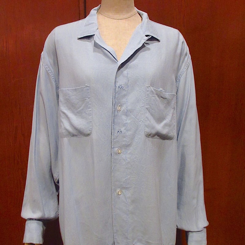 ビンテージ50's60's○Marlboro刺繍入りレーヨンループカラーシャツ水色