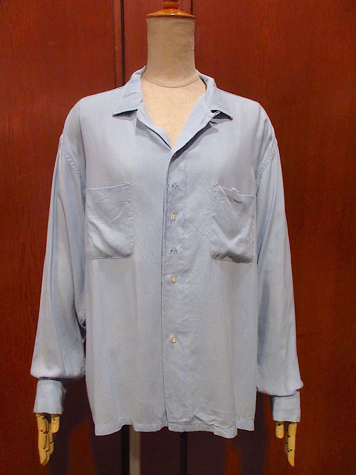 marlboro レーヨンシャツ ビンテージ50's60's○Marlboro刺繍入りレーヨンループカラーシャツ水色