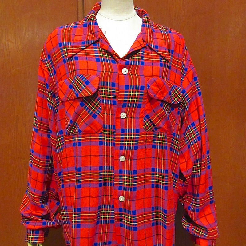 ビンテージ40's50's○ENSENADAチェックレーヨンループカラーシャツsize