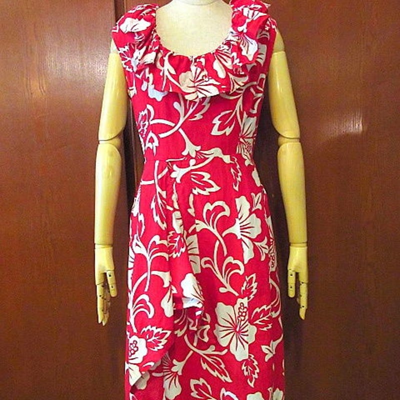 ビンテージ50's60's○ハイビスカス柄コットンノースリーブワンピース赤