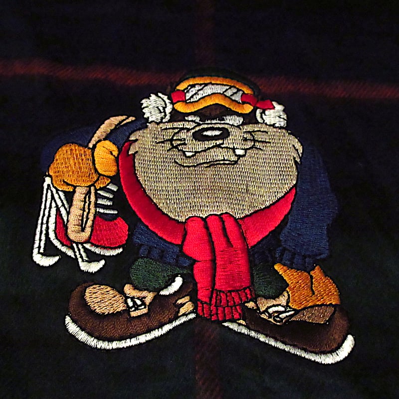 Y’s for men / 80s-90s/初期/茶タグ/マフラー/--/BLK/メンズ ビンテージ90's○タズマニアン・デビル刺繍入りタータンチェック