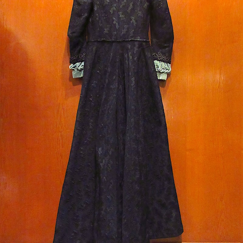 ビンテージ~1900's○ヴィクトリアン刺繍柄長袖ワンピース黒×水色