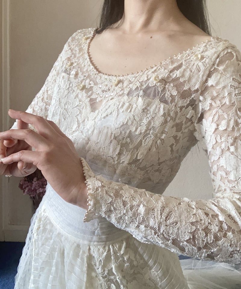 50s Long Train Lace Wedding Dress | Rêverie Vin