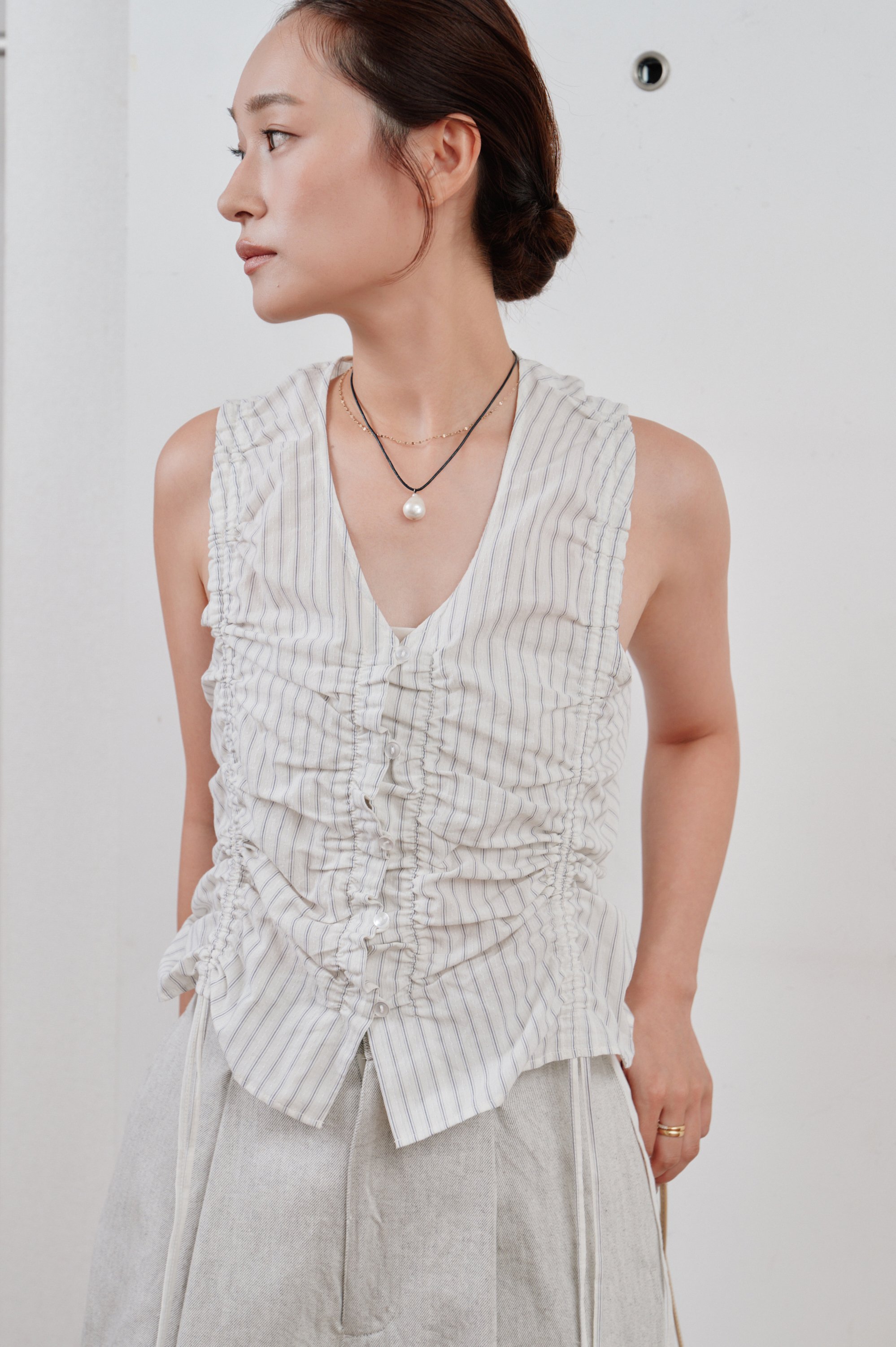 Hella】gather stripe top | Selectshop shooby dooby