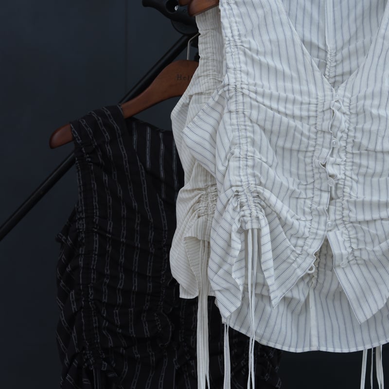Hella】gather stripe top | Selectshop shooby dooby