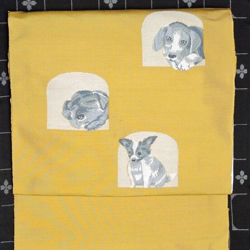 アンティーク　名古屋帯　手刺繍　狆　毛糸　犬　大正ロマン　#855 アンティーク 名古屋帯 手刺繍 狆 毛糸 犬 大正ロマン #855