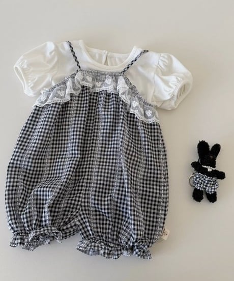 16[予約]mydaughter mono check lace romper putty set