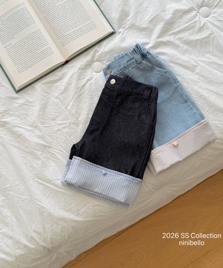 71[予約]ninibello check roll up denim pants