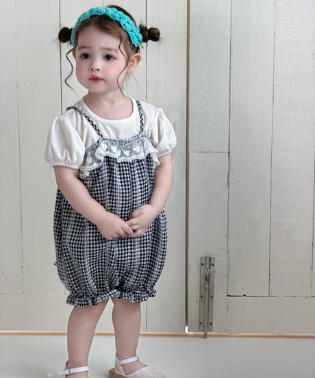 16[予約]mydaughter mono check lace romper putty set