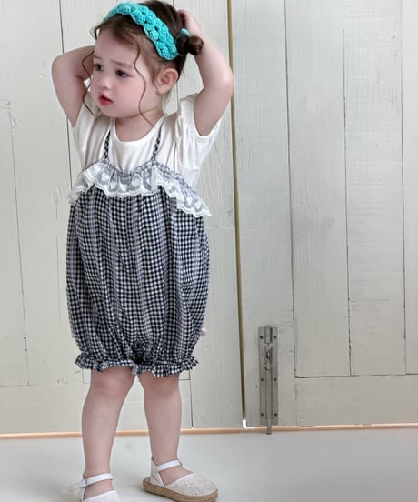 16[予約]mydaughter mono check lace romper putty set