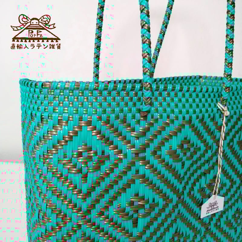 お花柄メルカドバッグ(S)エメラルドグリーン×ゴールド（送料込み