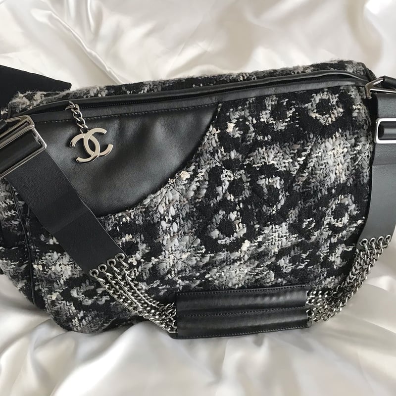 シャネル　CHANEL カメリア　ツイード　チェーン　ショルダー　バッグ　黒