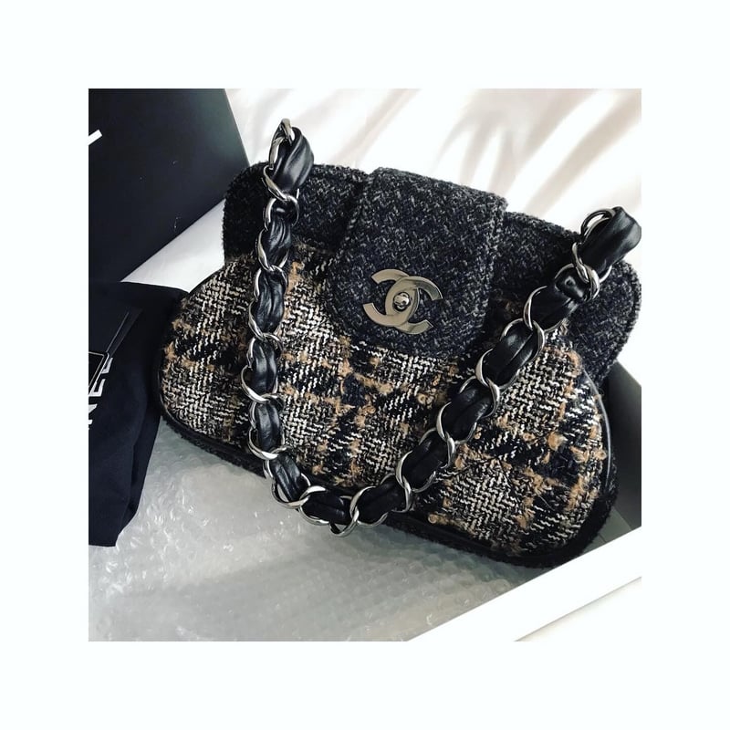 ★CHANEL シャネル ツイード ハンドバッグ グレーマチ8cm