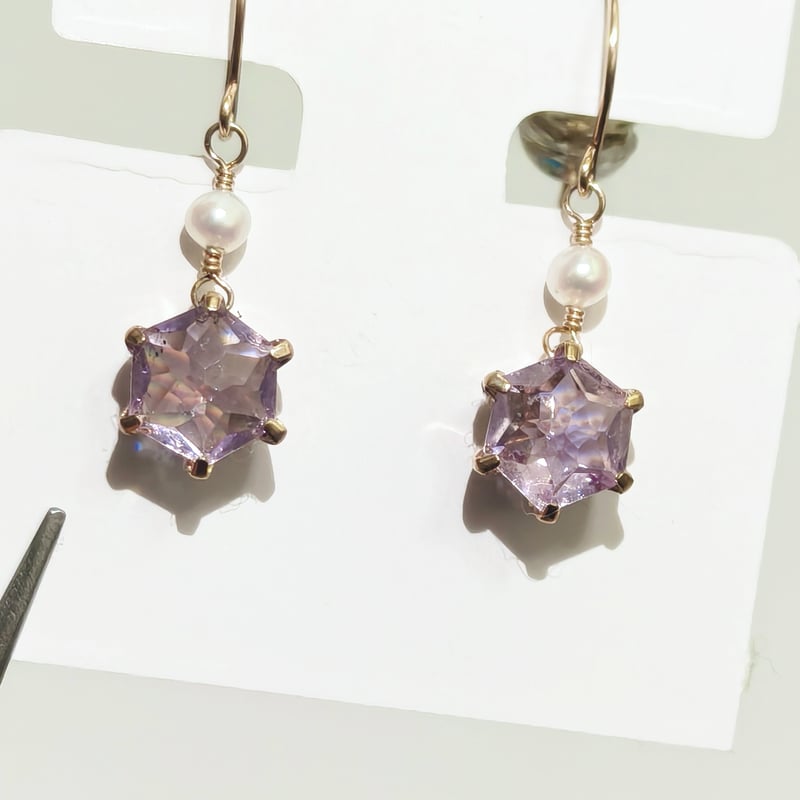 🐥🐉K10YG×ピンクアメジスト×淡水パールピアス/恋愛、女性のお守り