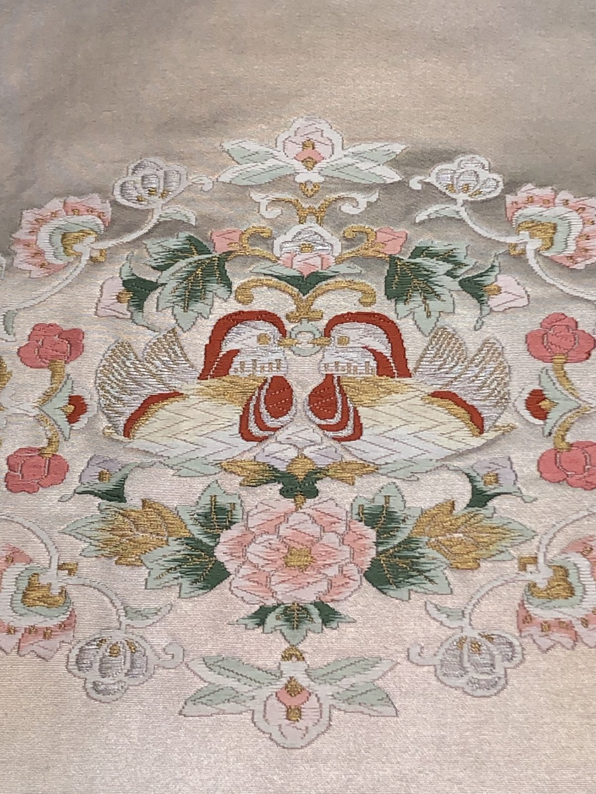 リサイクル】名古屋帯 ピンクシャンパン 小鳥 刺繍 ポイント柄 | 六識哉