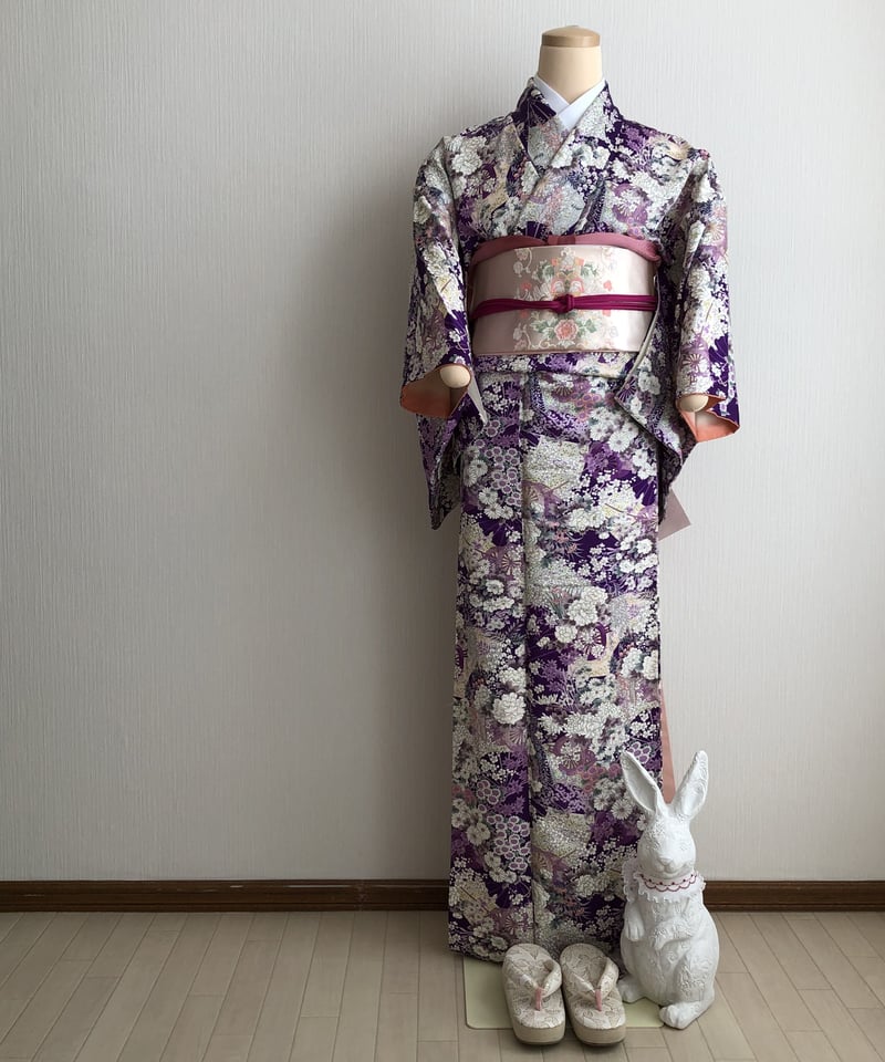 華やか小紋 総花柄 紫 パープル ピンク 袷 着物顔タイプフェミニン