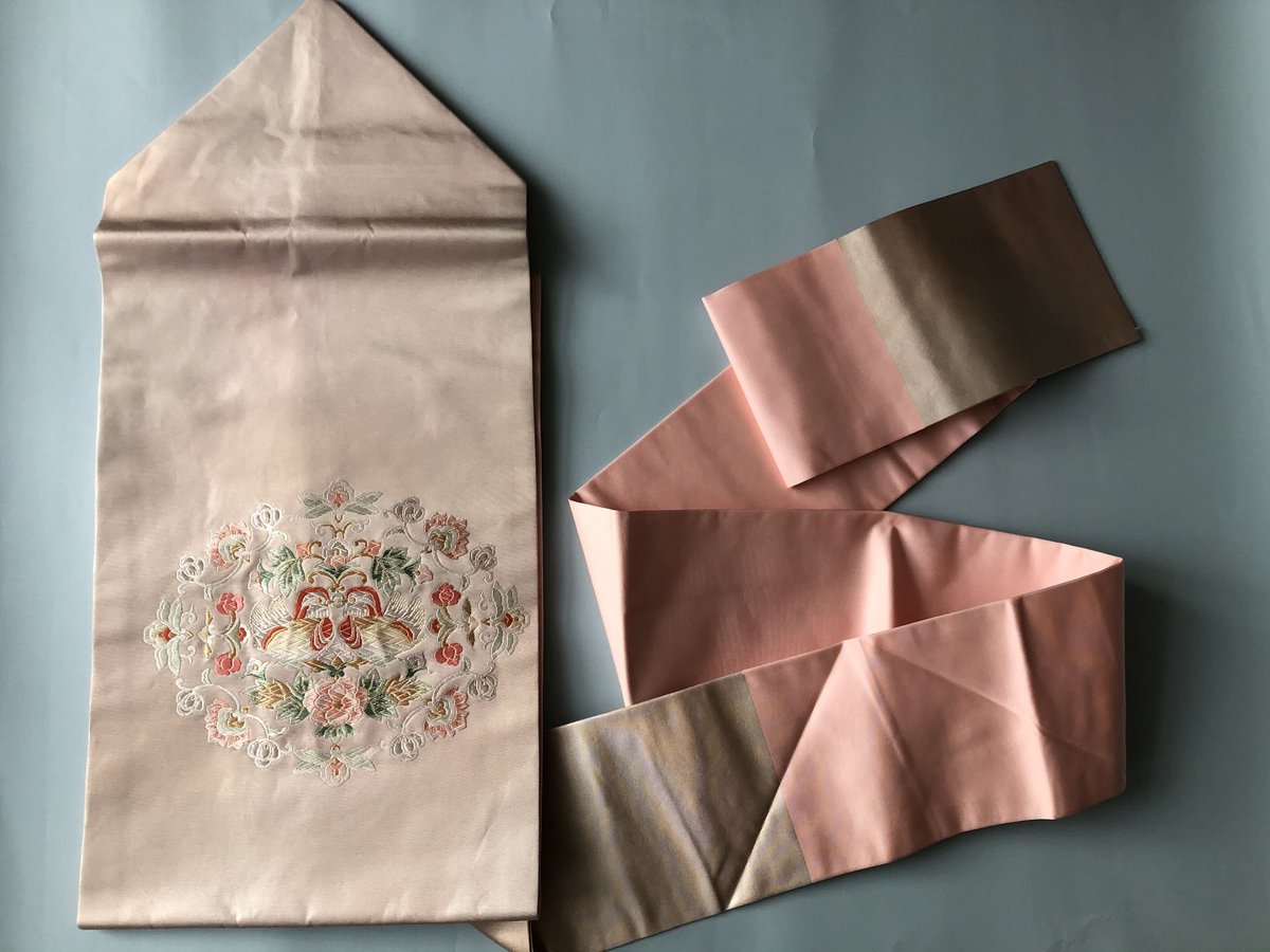 O12 鳩 刺繍 濃ピンク アンティーク帯 正絹 名古屋帯 ピンク地白鳩の刺繍名古屋帯