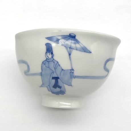 509 染付小野道風図猪目茶碗(磁器土)　13.3×7.8cm