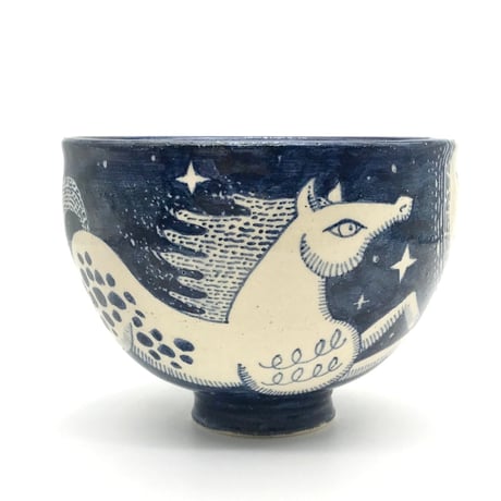 B137 茶碗 『星と馬と夜の鳥』12.9×9.6cm