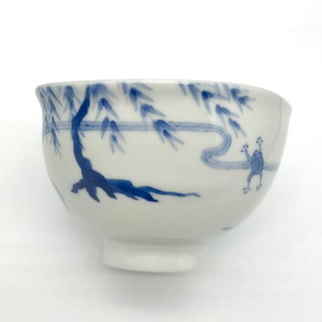 509 染付小野道風図猪目茶碗(磁器土)　13.3×7.8cm