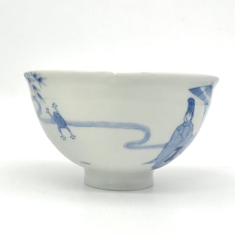 509 染付小野道風図猪目茶碗(磁器土)　13.3×7.8cm