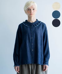 4.5oz綿麻甘織りデニム〈オリジナル生地〉　プリーツ衿ブラウス(4602-7590)