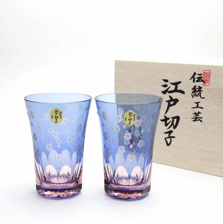彩鳳】江戸切子 桜文様天開 タンブラーペア 木箱入伝統工芸品